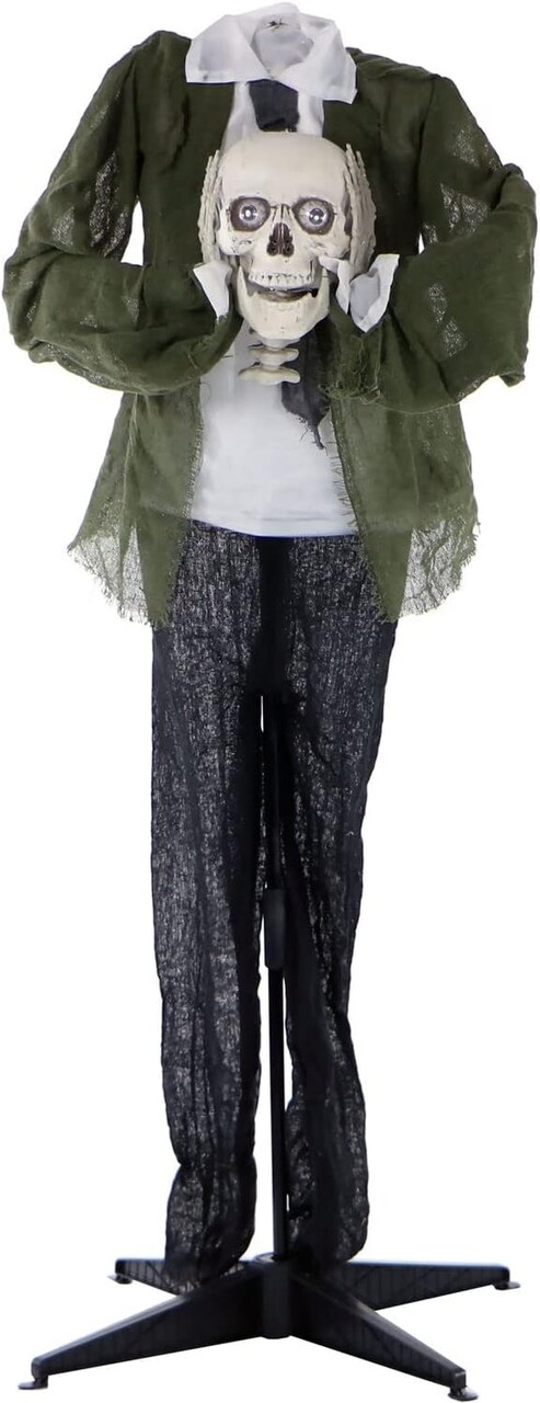 Life-Size Animatronic Scary Talking Headless Skeleton with Touch Activated Lights and Sound, Battery-Operated Indoor or Covered Outdoor Halloween Decoration